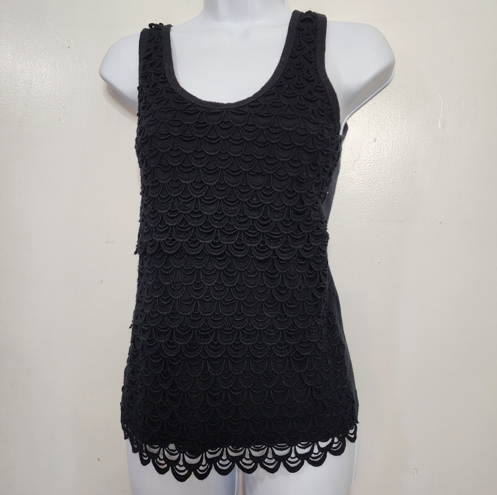 J.CREW Size XXS Black Layered Crochet Front Casual Summer Tank Top 100% Cotton - Picture 2 of 10